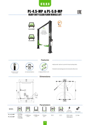 Elevador de carro Puli Elevador de carro resistente de 5 toneladas com dois postes Elevador de veículo de piso transparente para oficina Pl-5.0-MP